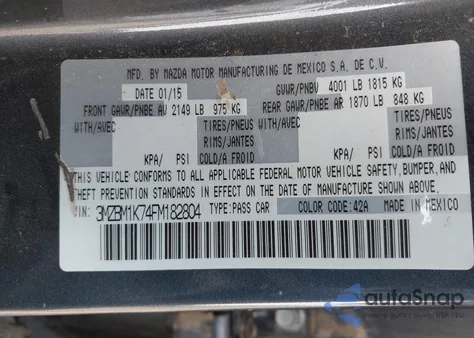 2015 Mazda Mazda3 из США, поврежденный, VIN 3MZBM1K74FM182804